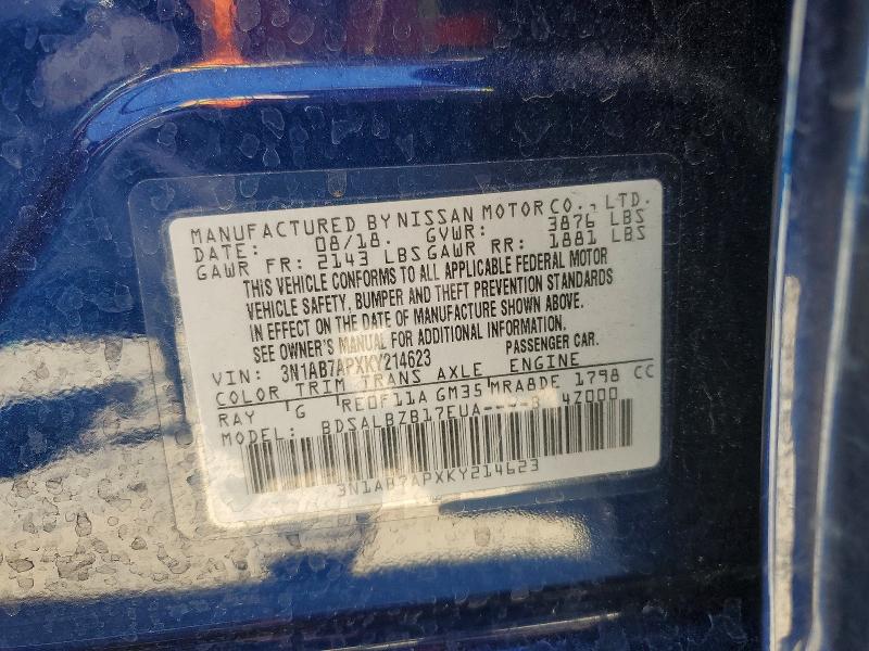 62340016 :رقم المزاد ، 3N1AB7APXKY214623 vin ، 2019 Nissan Sentra مزاد بيع