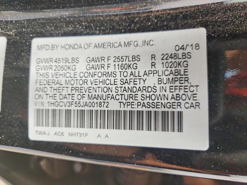 2018 Honda Accord მანქანა იყიდება აუქციონზე, vin: 1HGCV3F55JA001872, აუქციონის ნომერი: 62637046