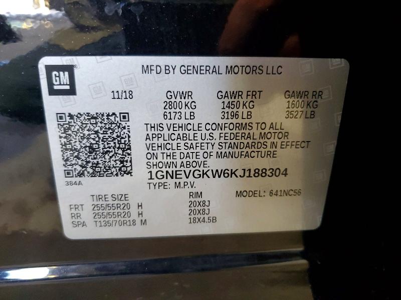 61052866 :رقم المزاد ، 1GNEVGKW6KJ188304 vin ، 2019 Chevrolet Traverse مزاد بيع