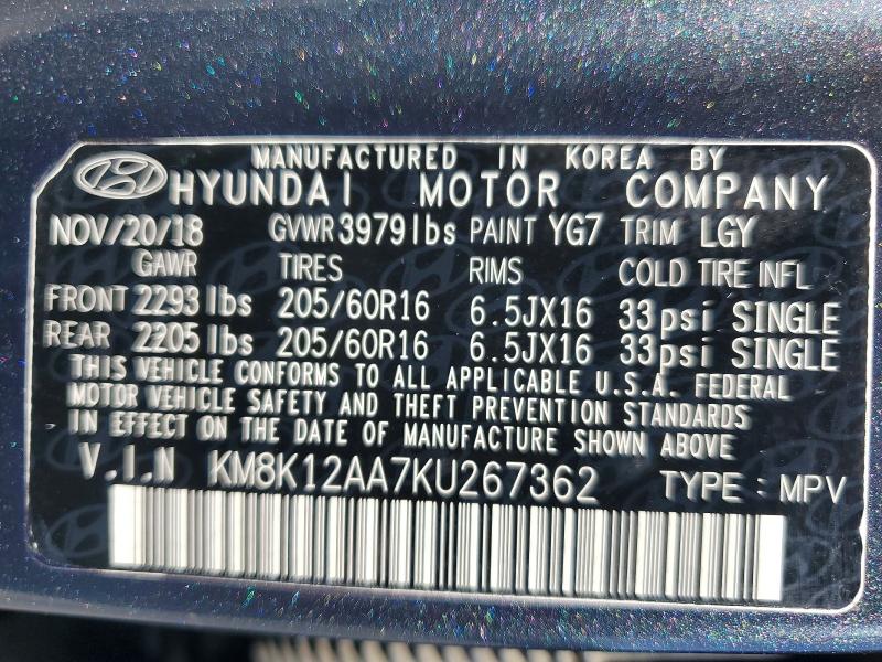 59538306 :رقم المزاد ، KM8K12AA7KU267362 vin ، 2019 Hyundai Kona مزاد بيع