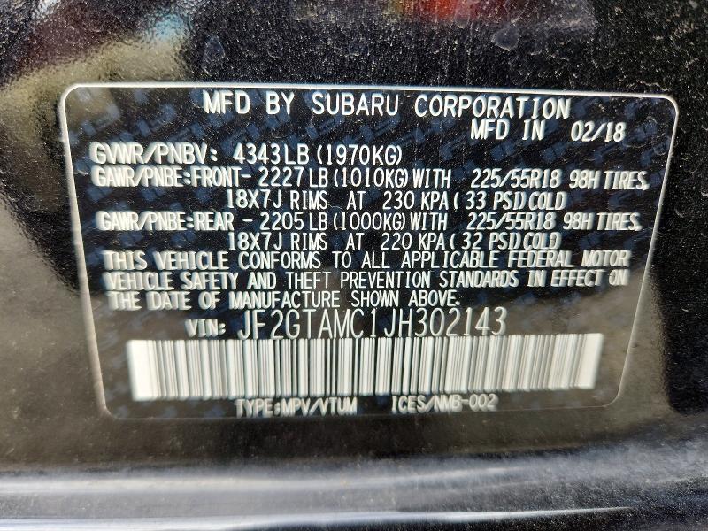 61772146 :رقم المزاد ، JF2GTAMC1JH302143 vin ، 2018 Subaru Crosstrek مزاد بيع