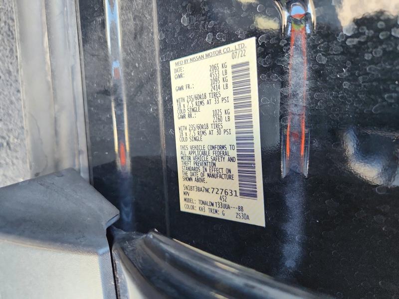 2022 Nissan Rogue მანქანა იყიდება აუქციონზე, vin: 5N1BT3BA7NC727631, აუქციონის ნომერი: 63252606