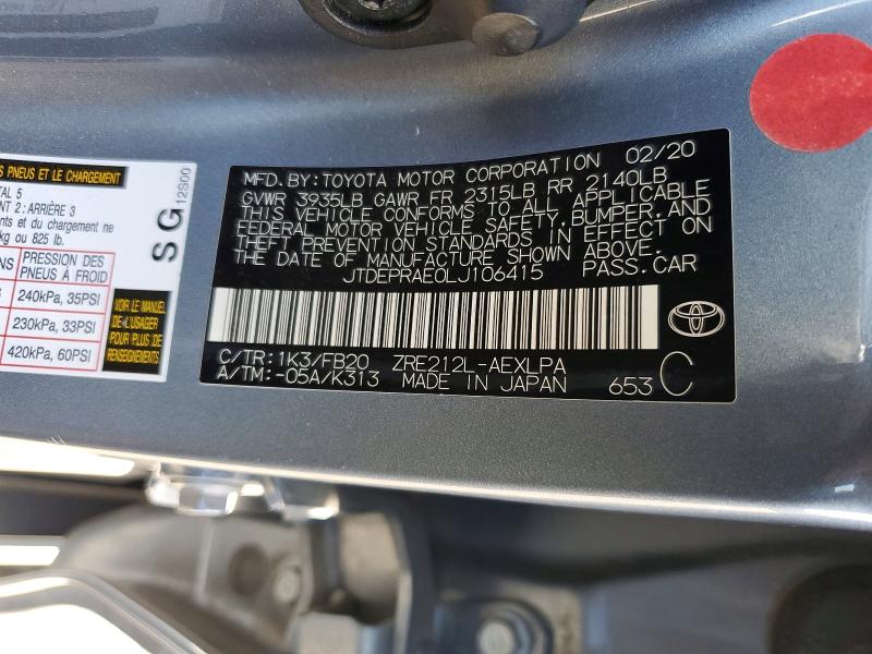 Продажа на аукционе авто 2020 Toyota Corolla, vin: JTDEPRAE0LJ106415, номер лота: 59671736
