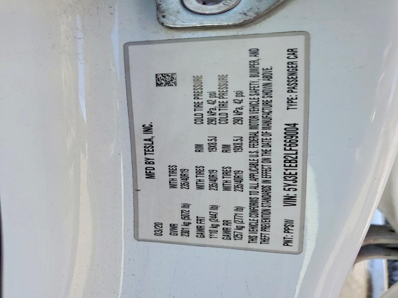 62946646 :رقم المزاد ، 5YJ3E1EB2LF669004 vin ، 2020 Tesla Model 3 مزاد بيع