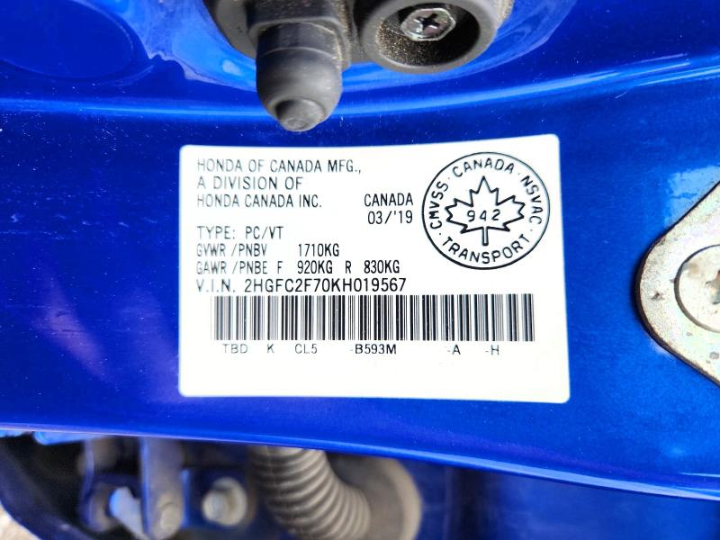 Aukcja sprzedaży 2019 Honda Civic, vin: 2HGFC2F70KH019567, numer aukcji: 60695346