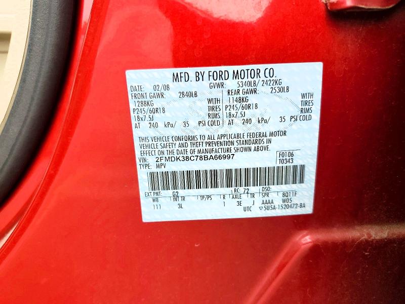 2008 Ford Edge მანქანა იყიდება აუქციონზე, vin: 2FMDK38C78BA66997, აუქციონის ნომერი: 61034266