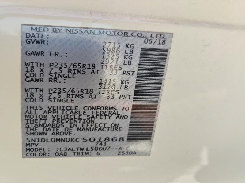 Aukcja sprzedaży 2019 Infiniti Qx60, vin: 5N1DL0MN0KC501868, numer aukcji: 59801736