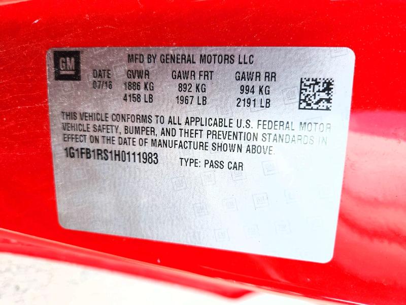 61719106 :رقم المزاد ، 1G1FB1RS1H0111983 vin ، 2017 Chevrolet Camaro مزاد بيع