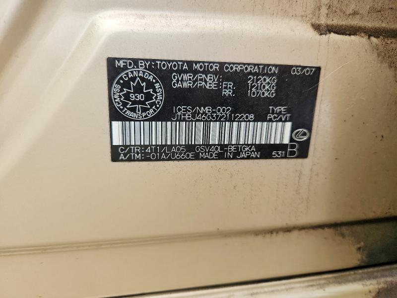 Продаж на аукціоні авто 2007 Lexus Es, vin: JTHBJ46G372112208, номер лоту: 60241366