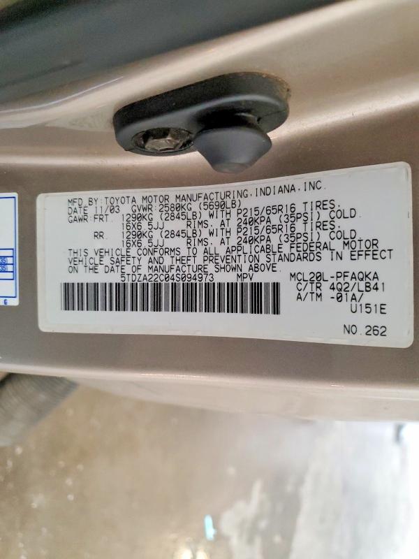 61316436 :رقم المزاد ، 5TDZA22C04S094973 vin ، 2004 Toyota Sienna مزاد بيع