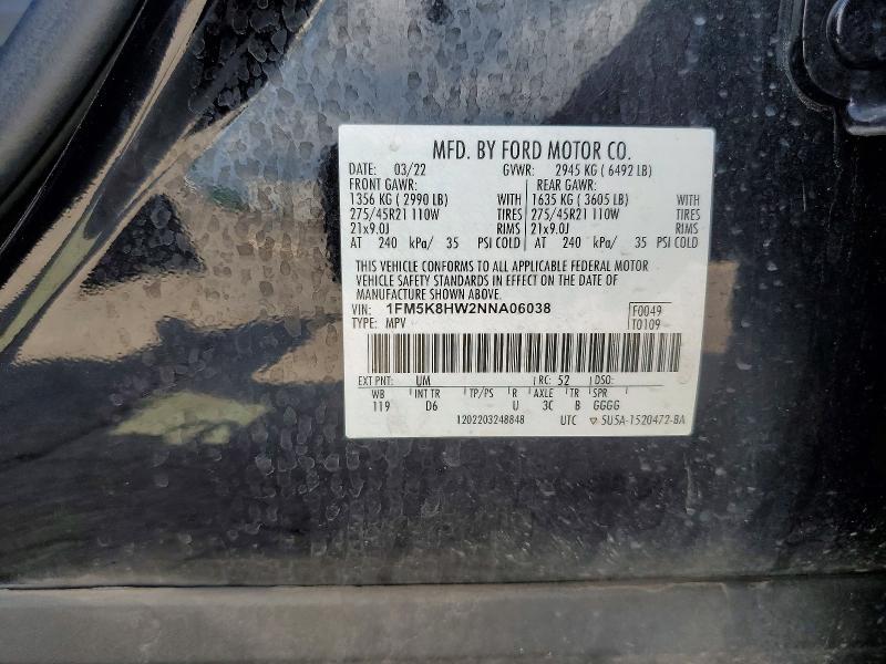 60651976 :رقم المزاد ، 1FM5K8HW2NNA06038 vin ، 2022 Ford Explorer مزاد بيع