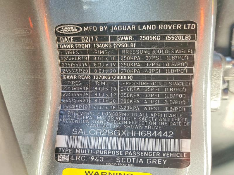 62161676 :رقم المزاد ، SALCR2BGXHH684442 vin ، 2017 Land Rover Discovery Sport مزاد بيع