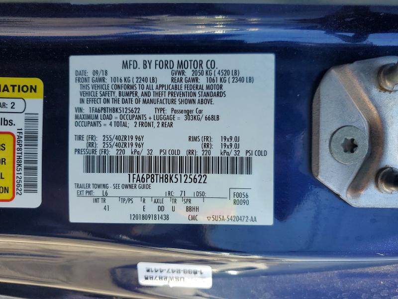 Auction sale of the 2019 Ford Mustang, vin: 1FA6P8TH8K5125622, lot number: 62469846