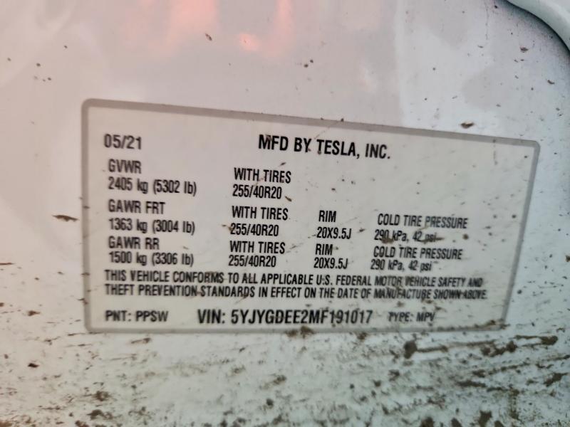 2021 Tesla Model Y მანქანა იყიდება აუქციონზე, vin: 5YJYGDEE2MF191017, აუქციონის ნომერი: 63284946