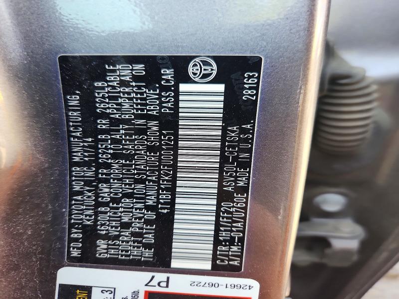 2015 Toyota Camry მანქანა იყიდება აუქციონზე, vin: 4T1BF1FK2FU001251, აუქციონის ნომერი: 58627866