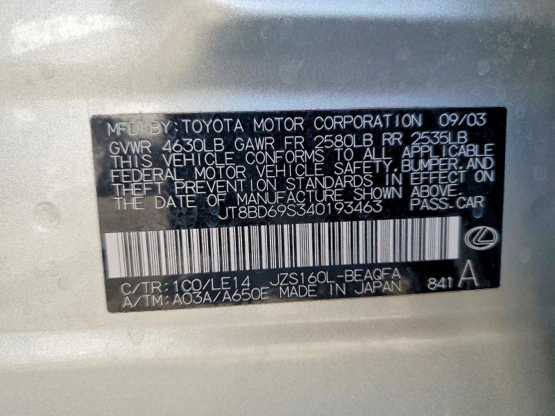 60689376 :رقم المزاد ، JT8BD69S340193463 vin ، 2004 Lexus Gs مزاد بيع