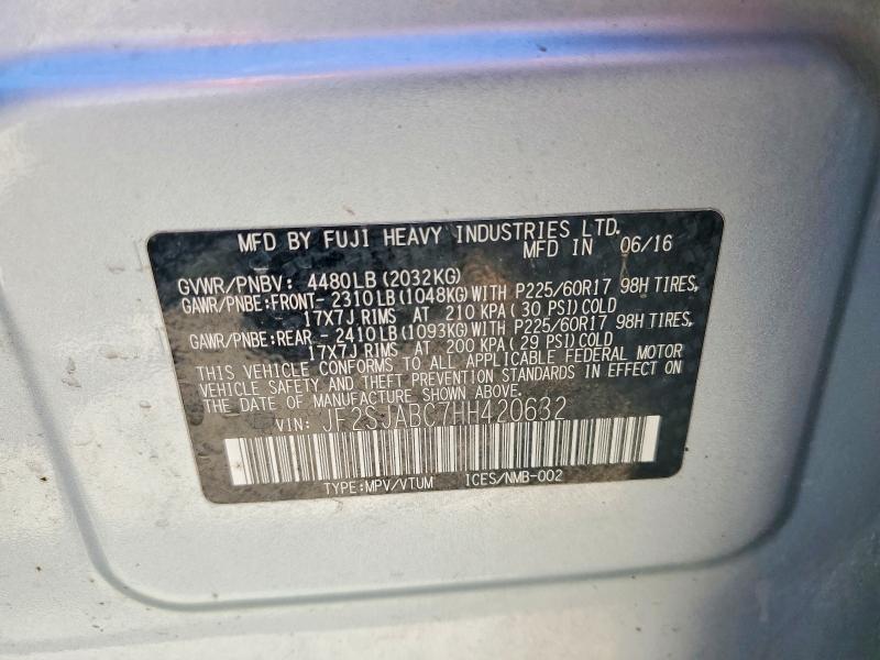 2017 Subaru Forester მანქანა იყიდება აუქციონზე, vin: JF2SJABC7HH420632, აუქციონის ნომერი: 61059906