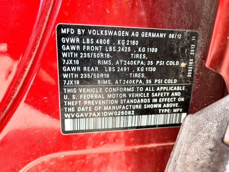 Aukcja sprzedaży 2013 Volkswagen Tiguan, vin: WVGAV7AX1DW026082, numer aukcji: 59721136