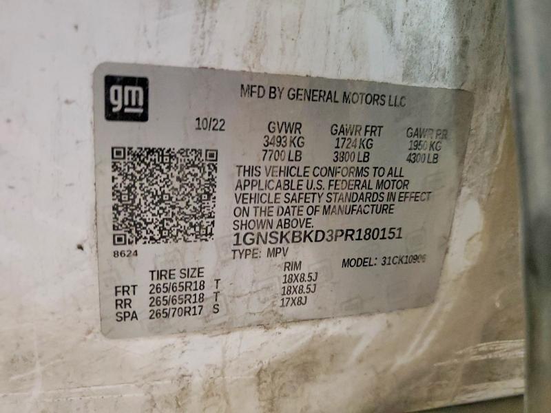 2023 Chevrolet Suburban მანქანა იყიდება აუქციონზე, vin: 1GNSKBKD3PR180151, აუქციონის ნომერი: 60208186