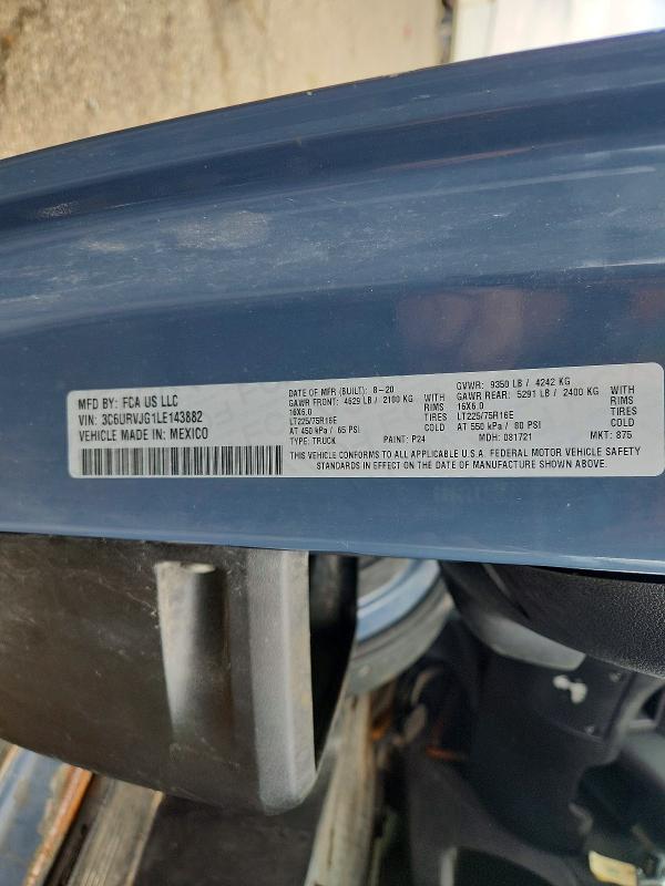 2020 Ram Promaster 3500 მანქანა იყიდება აუქციონზე, vin: 3C6URVJG1LE143882, აუქციონის ნომერი: 61289986