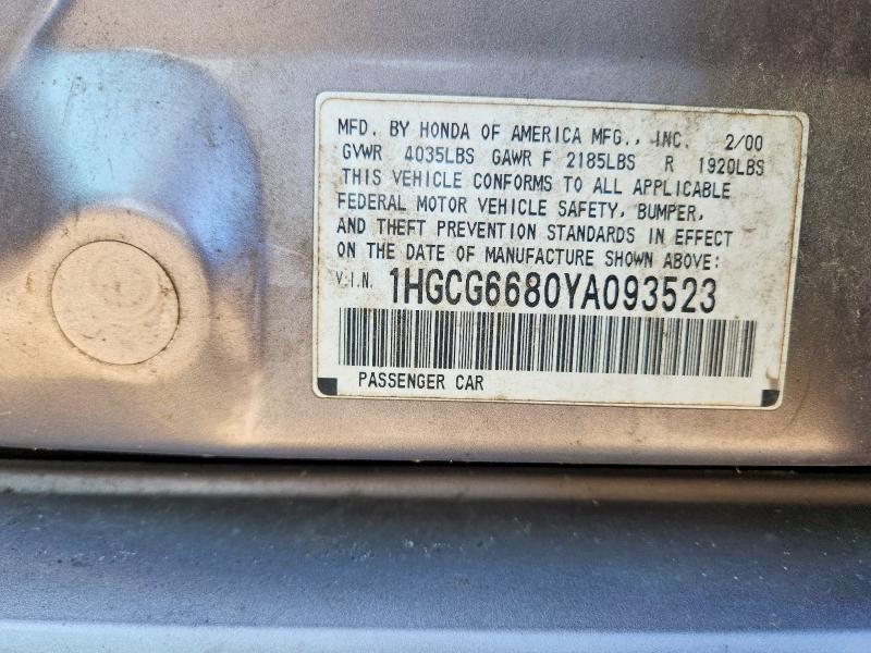 62308596 :رقم المزاد ، 1HGCG6680YA093523 vin ، 2000 Honda Accord مزاد بيع
