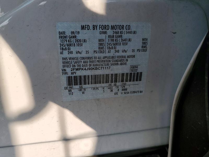 61107616 :رقم المزاد ، 2FMPK4J90KBC71117 vin ، 2019 Ford Edge مزاد بيع