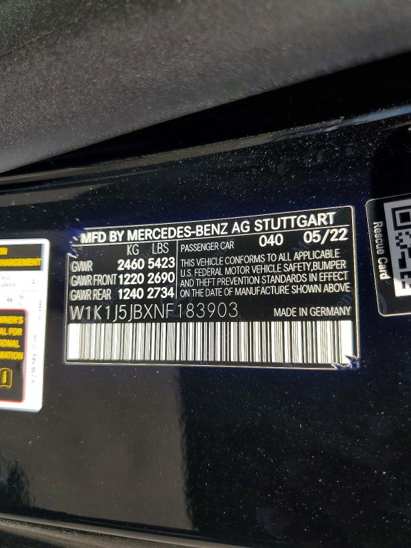 Aukcja sprzedaży 2022 Mercedes-benz E, vin: W1K1J5JBXNF183903, numer aukcji: 61182406