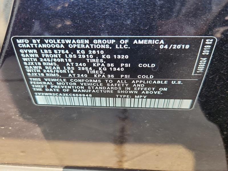 Продажа на аукционе авто 2019 Volkswagen Atlas, vin: 1V2WR2CA2KC558948, номер лота: 62325626