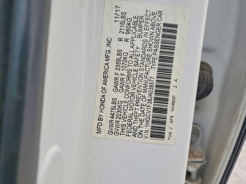 Aukcja sprzedaży 2018 Honda Accord, vin: 1HGCV1F38JA038577, numer aukcji: 60381766