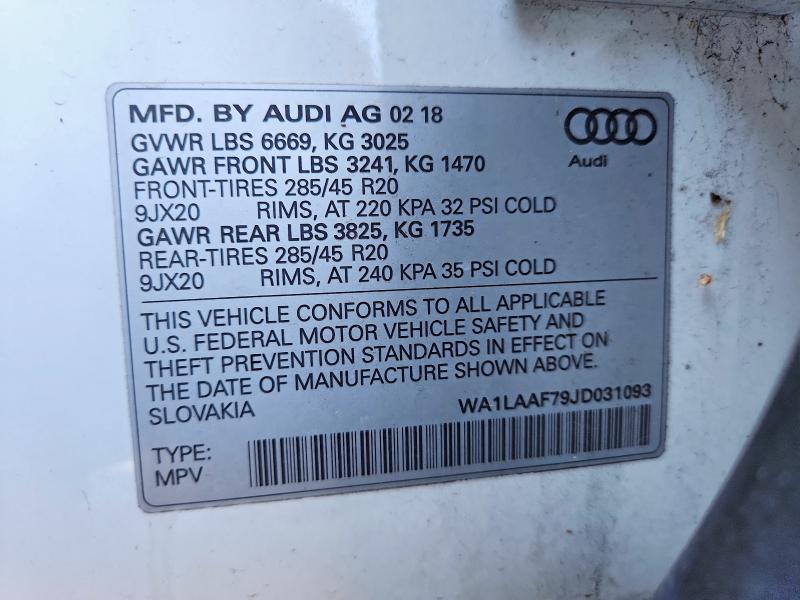 Aukcja sprzedaży 2018 Audi Q7, vin: WA1LAAF79JD031093, numer aukcji: 58955246