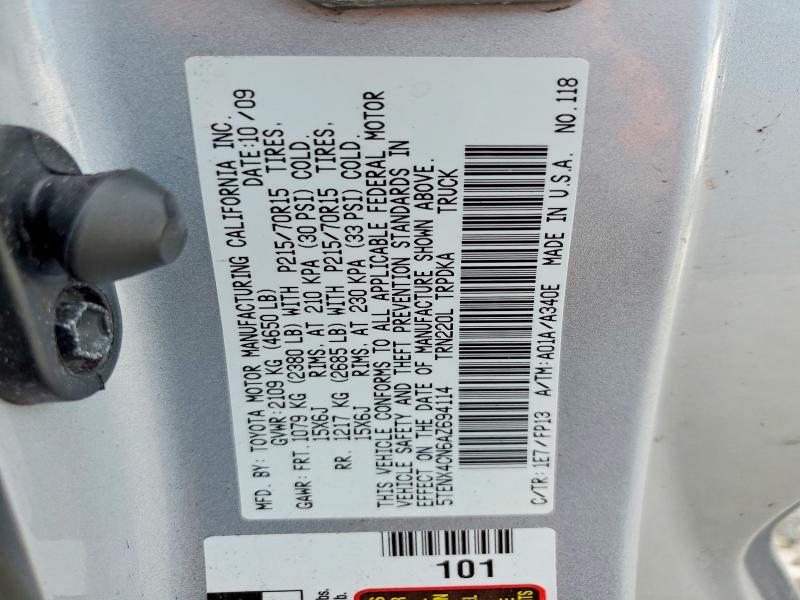 2010 Toyota Tacoma მანქანა იყიდება აუქციონზე, vin: 5TENX4CN6AZ694114, აუქციონის ნომერი: 62657086