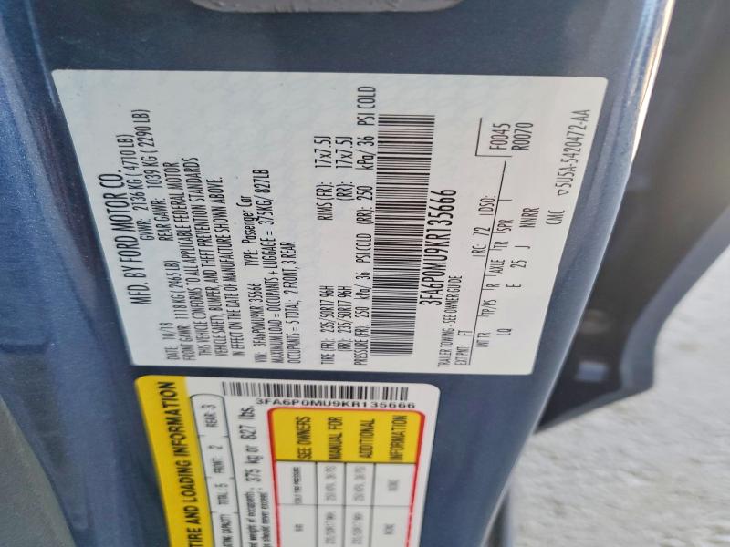 59907946 :رقم المزاد ، 3FA6P0MU9KR135666 vin ، 2019 Ford Fusion مزاد بيع