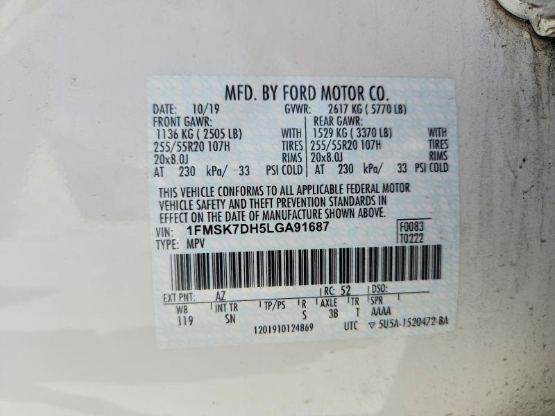 Aukcja sprzedaży 2020 Ford Explorer, vin: 1FMSK7DH5LGA91687, numer aukcji: 62783886