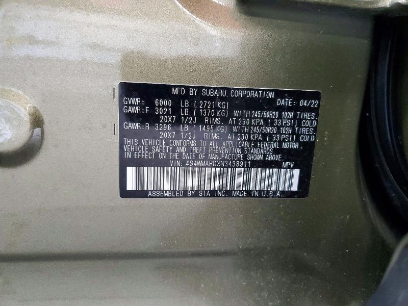 Auction sale of the 2022 Subaru Ascent, vin: 4S4WMARDXN3438911, lot number: 62629316