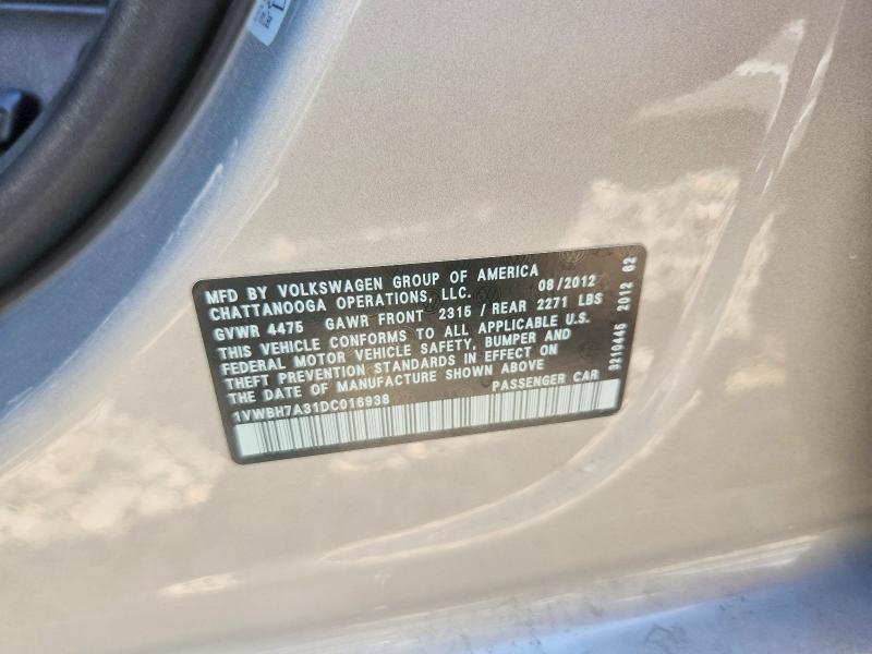 61721716 :رقم المزاد ، 1VWBH7A31DC016938 vin ، 2013 Volkswagen Passat مزاد بيع