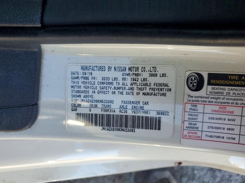 60524566 :رقم المزاد ، JN1AZ4EH9KM422492 vin ، 2019 Nissan 370z مزاد بيع