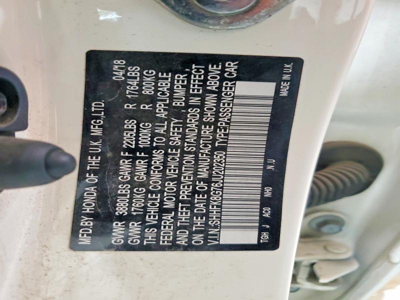 2018 Honda Civic მანქანა იყიდება აუქციონზე, vin: SHHFK8G76JU202350, აუქციონის ნომერი: 60663296