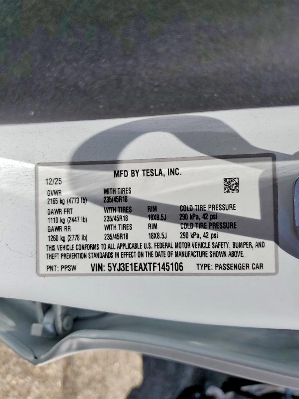 60525436 :رقم المزاد ، 5YJ3E1EAXTF145106 vin ، 2026 Tesla Model 3 مزاد بيع
