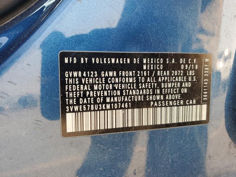2019 Volkswagen Jetta მანქანა იყიდება აუქციონზე, vin: 3VWE57BU3KM107461, აუქციონის ნომერი: 60421116