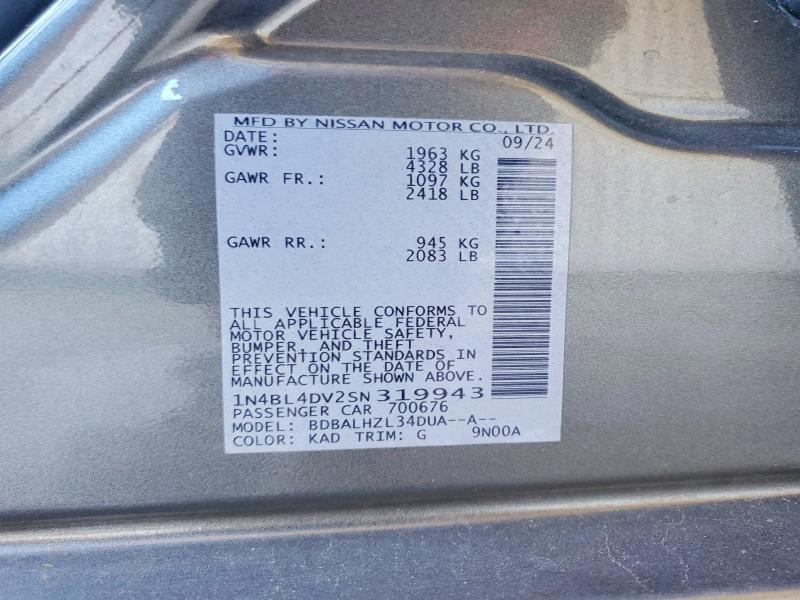 2025 Nissan Altima მანქანა იყიდება აუქციონზე, vin: 1N4BL4DV2SN319943, აუქციონის ნომერი: 62274416