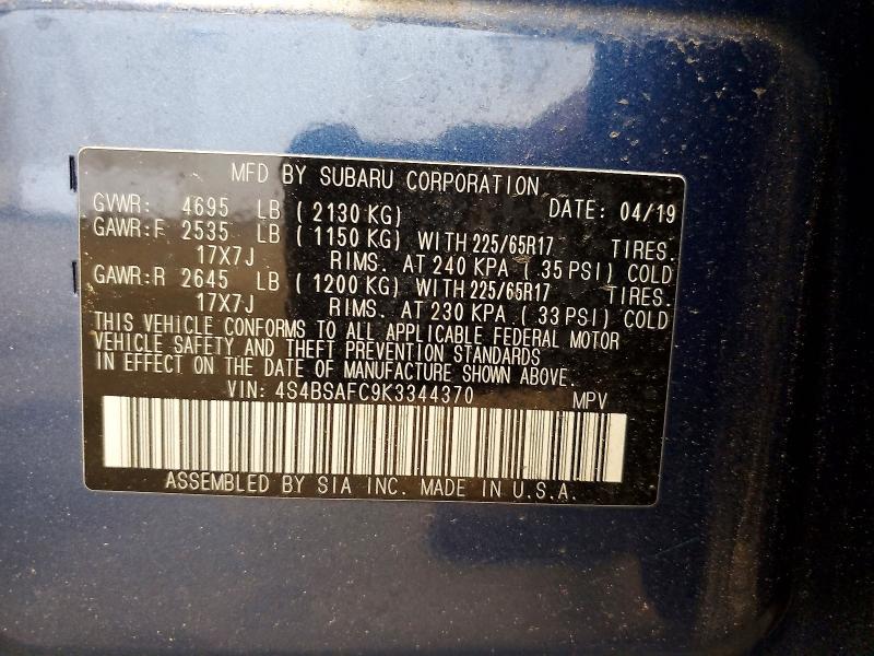 Aukcja sprzedaży 2019 Subaru Outback, vin: 4S4BSAFC9K3344370, numer aukcji: 60886806