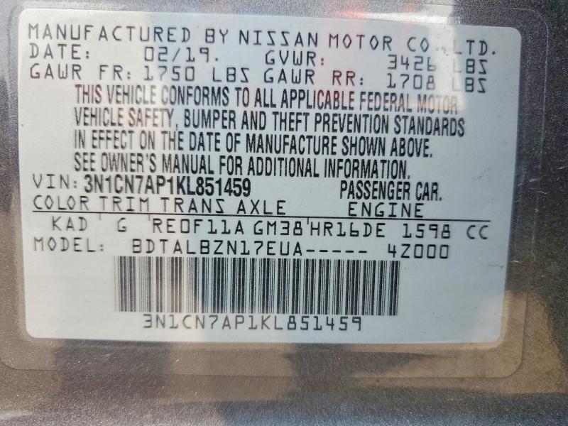 61027126 :رقم المزاد ، 3N1CN7AP1KL851459 vin ، 2019 Nissan Versa مزاد بيع