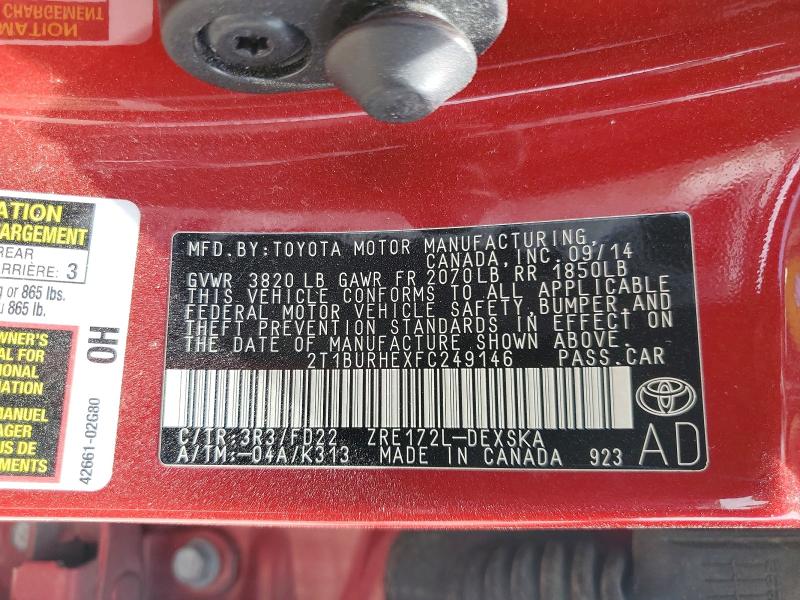 Продаж на аукціоні авто 2015 Toyota Corolla, vin: 2T1BURHEXFC249146, номер лоту: 59905306