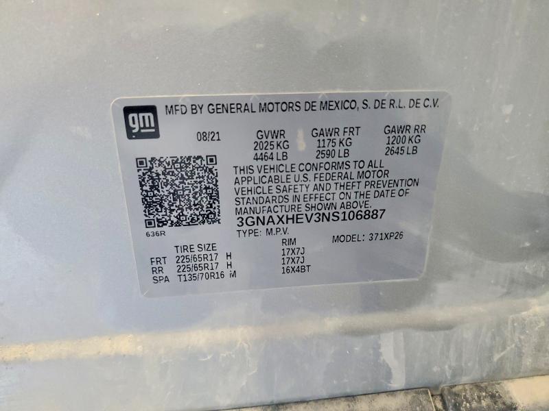 61136306 :رقم المزاد ، 3GNAXHEV3NS106887 vin ، 2022 Chevrolet Equinox مزاد بيع