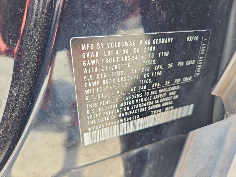 2016 Volkswagen Tiguan მანქანა იყიდება აუქციონზე, vin: WVGAV7AX6GW599113, აუქციონის ნომერი: 60430826