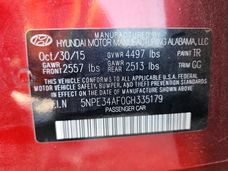 59741406 :رقم المزاد ، 5NPE34AF0GH335179 vin ، 2016 Hyundai Sonata مزاد بيع
