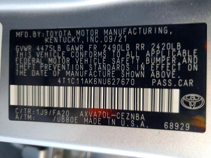 Aukcja sprzedaży 2022 Toyota Camry, vin: 4T1C11AK6NU627670, numer aukcji: 62444506