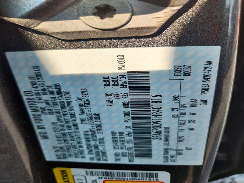 Продаж на аукціоні авто 2017 Ford Fusion, vin: 3FA6P0D91HR401816, номер лоту: 62473466