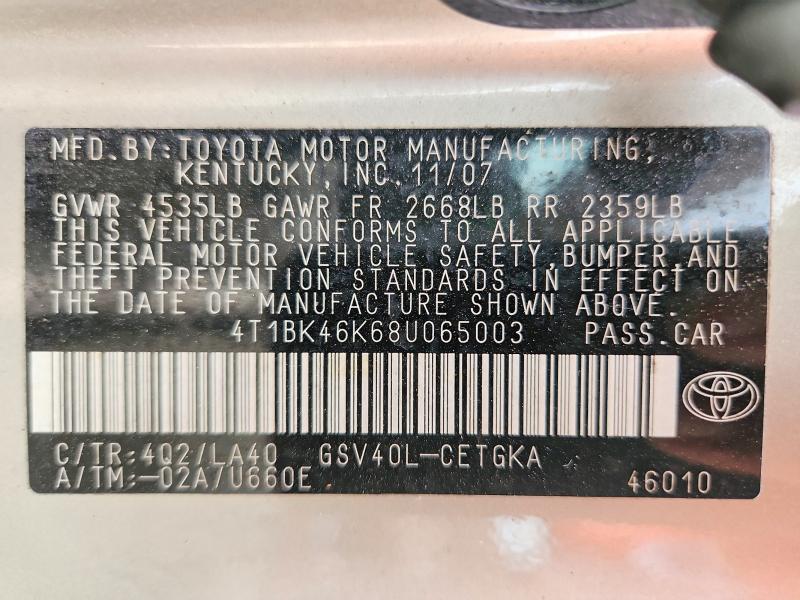 Продаж на аукціоні авто 2008 Toyota Camry, vin: 4T1BK46K68U065003, номер лоту: 59233826