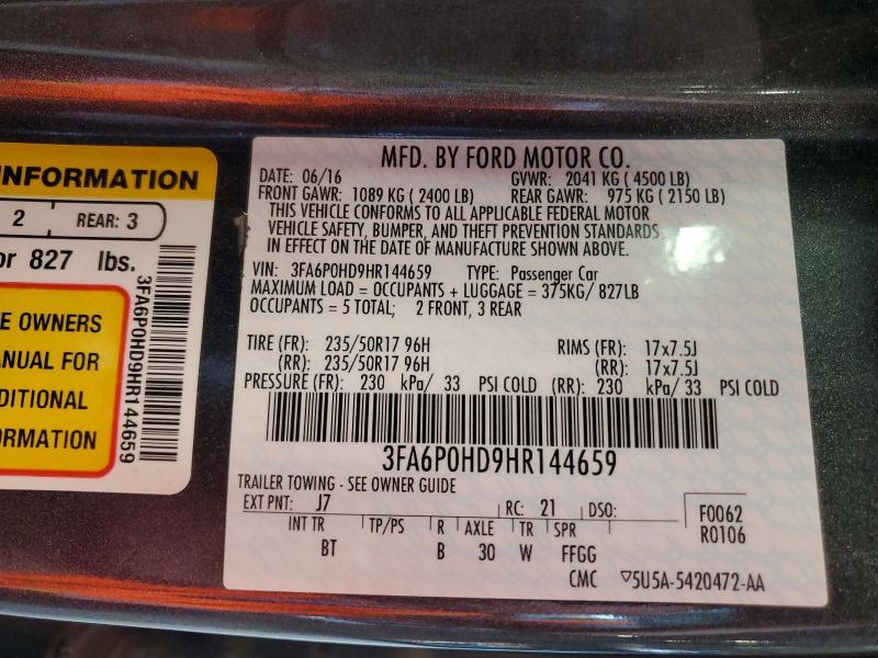 2017 Ford Fusion მანქანა იყიდება აუქციონზე, vin: 3FA6P0HD9HR144659, აუქციონის ნომერი: 62006776